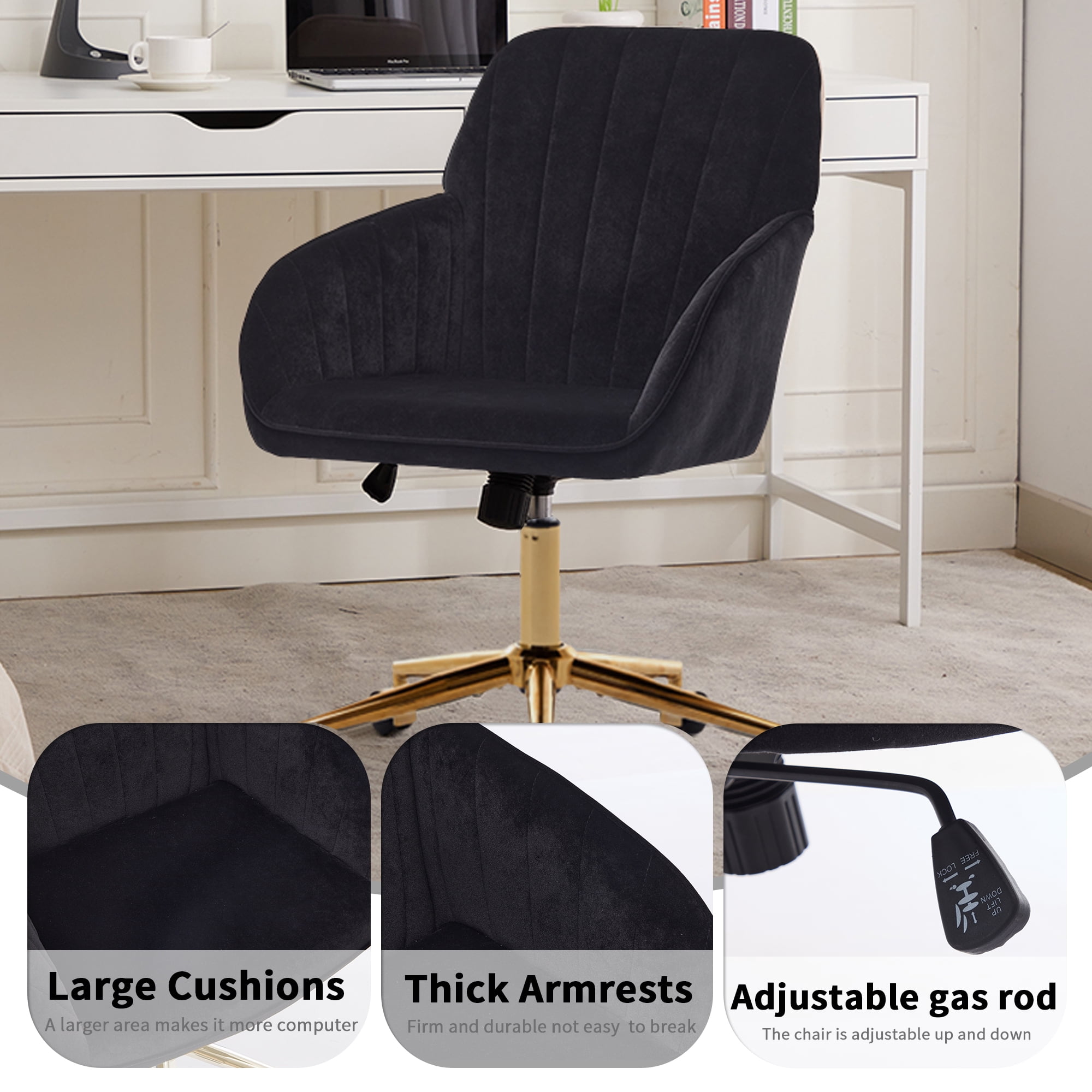 Peispie Velvet Office Chair 300lbs, Mid Back Vanity Chair, Modern Swivel Desk Chair with Gold Base, Upholstered Computer Task Chair for Bedroom, Black