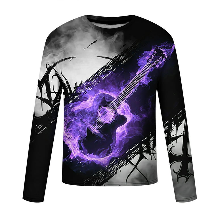 amidoa Mens Shirts Graphic Long Sleeve Causal Cool Style Guitar Print Tees  Pullover Hip Hop Crew Neck Sweatshirt Fashion 