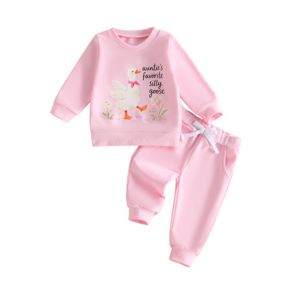 Conjunto de 2 piezas para niña pequeña: sudadera de manga larga con estampado de ganso y pantalón deportivo.