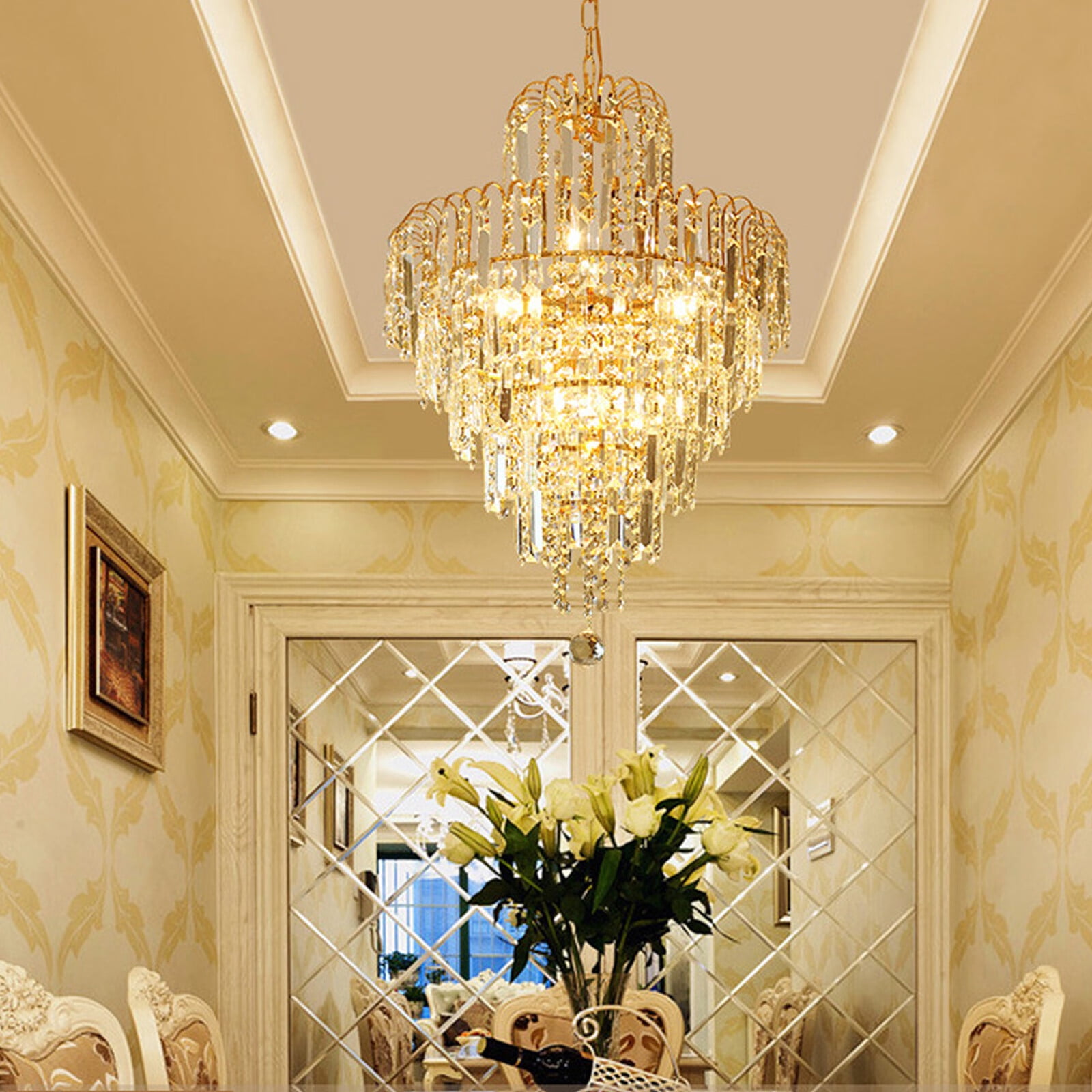 ANQIDI 15.75" Modern Flush Mounted LED Chandelier Elegant Crystal Ceiling Light for Restaurant Bedroom Living Room 40W
