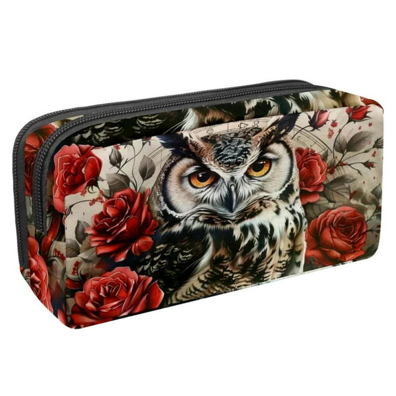 PhooArto Pencil Case, Vintage Red Rose Owl Large Capacity Pencil Pouch Stationery Pen Bag