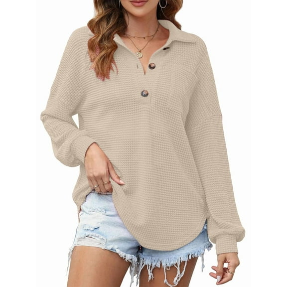 Women Waffle Knit Tops Henley Shirts Long Sleeve V Neck Solid Color Casual Tunic L