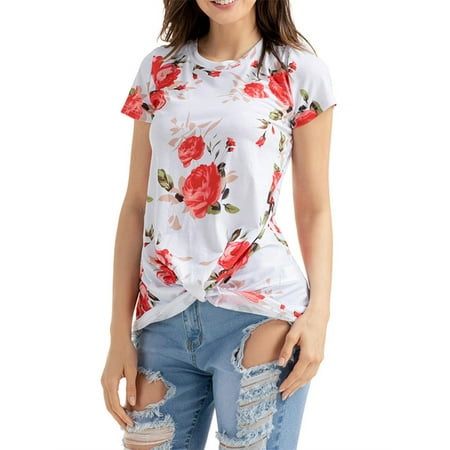 Blue Floral Shirt - Short Sleeved Women Floral Print Casual Knot Hem T-shirts