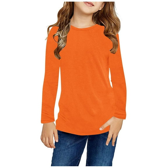 BRGZLK Long Sleeve T-Shirts For Kids Boys Girls Trendy Solid Color Round Neck Casual Tops Fall Basic Pullover Undershirts Orange 7-8 Years