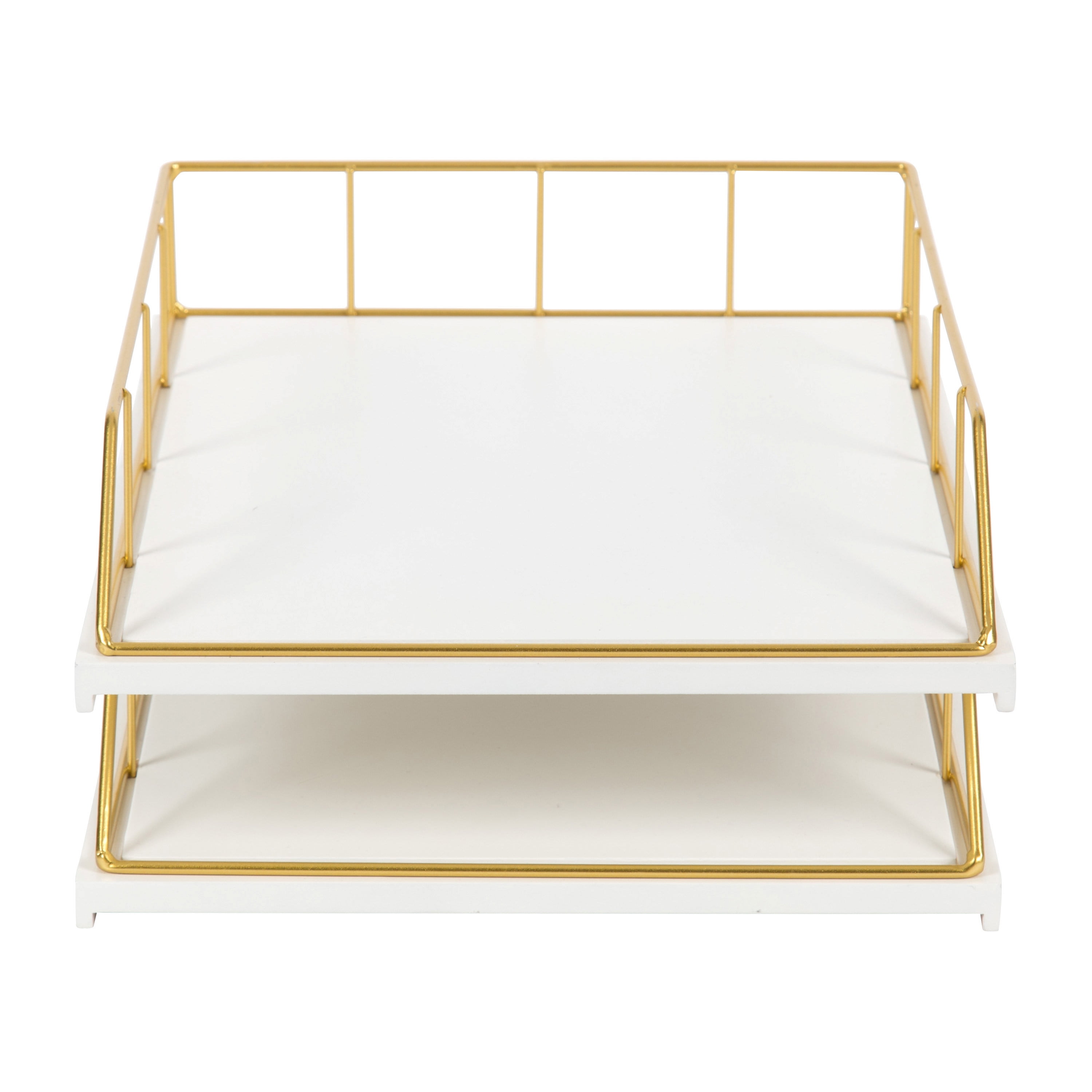 Kate and Laurel Benbrook Stacked Metal and Wood Letter Trays, White and Gold