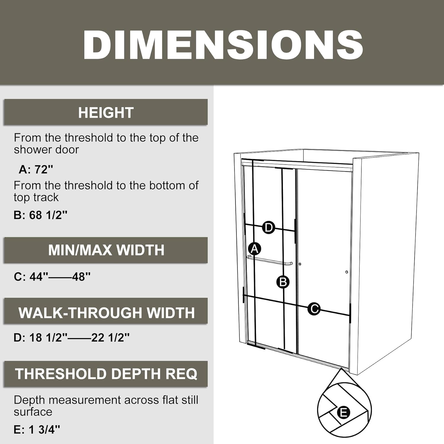 44-48" W x 72" H Semi-Frameless Sliding Glass Shower Door,  Matte Black Finish Shower Door with 1/4'' (6mm) Clear SGCC Tempered Glass