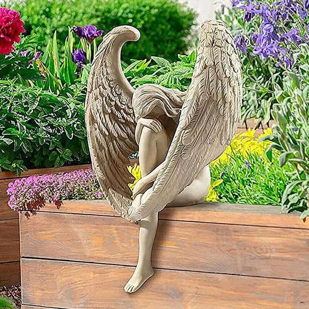 EdirFtra Angel Wing Garden Statue, Angel Sculpture, 3D Seated Fairy Art