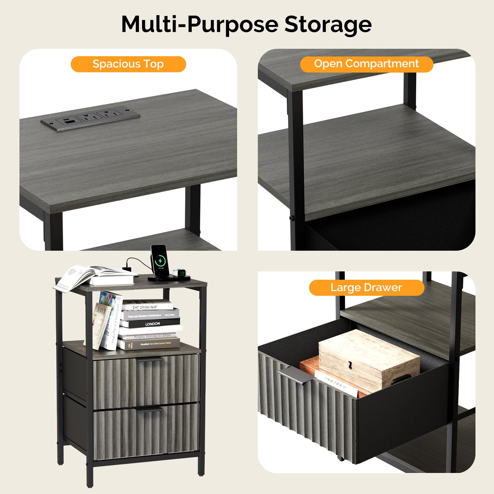 Ktaxon Nightstand with Charging Station End Table with 2 Fabric Drawers Bedside Table Furniture for Bedroom, Living Room,Fluted Gray Wave Design