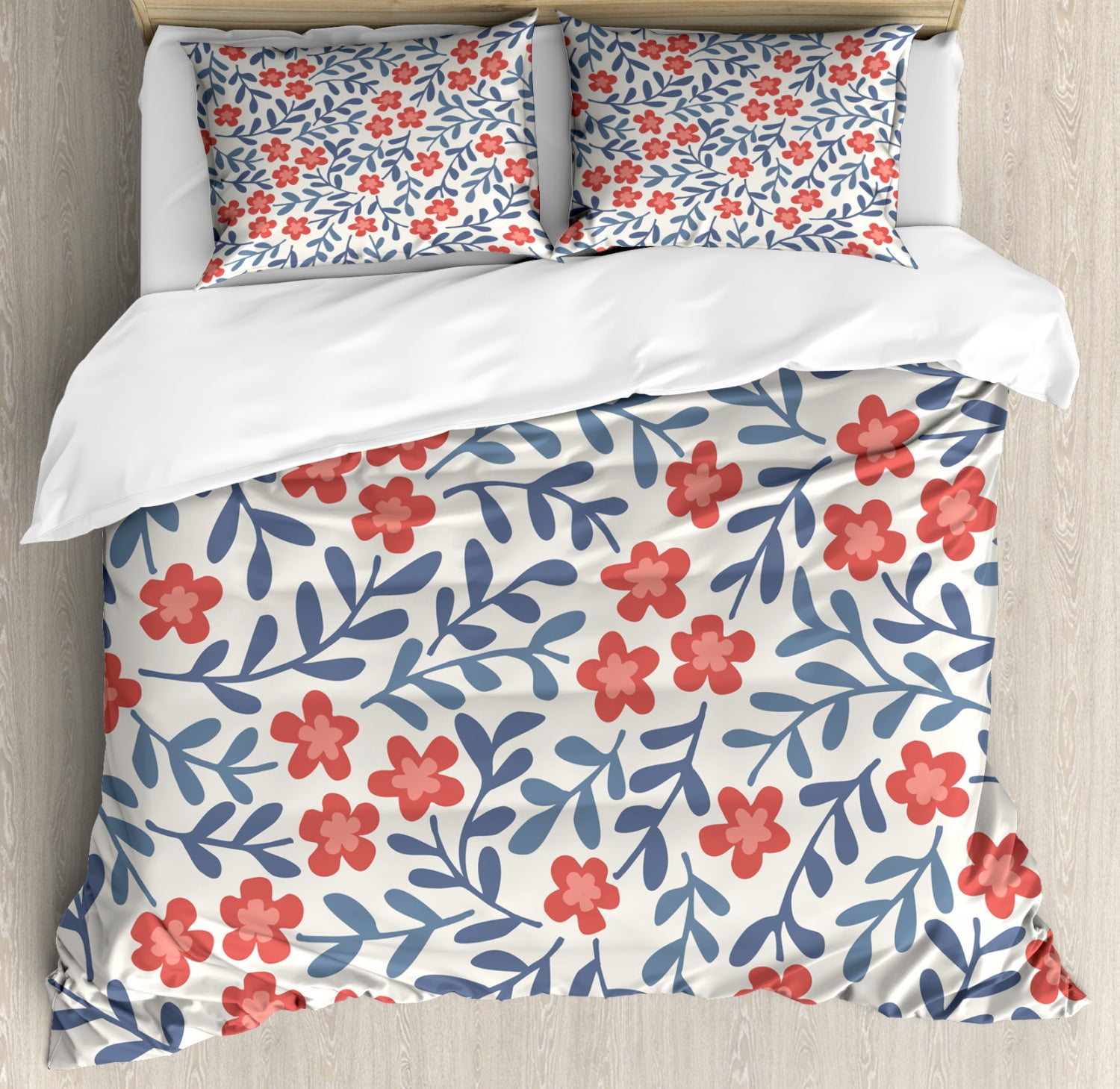 Floral King Size Duvet Cover Set, Spring Imagery with Warm Vintage Colors Leaves Ornamental