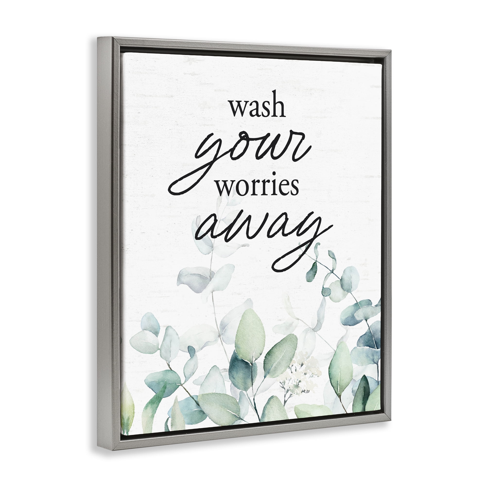 Wash Worries Away Herb Leaves Gray Framed Floater Canvas Wall Art, design by Lettered and Lined