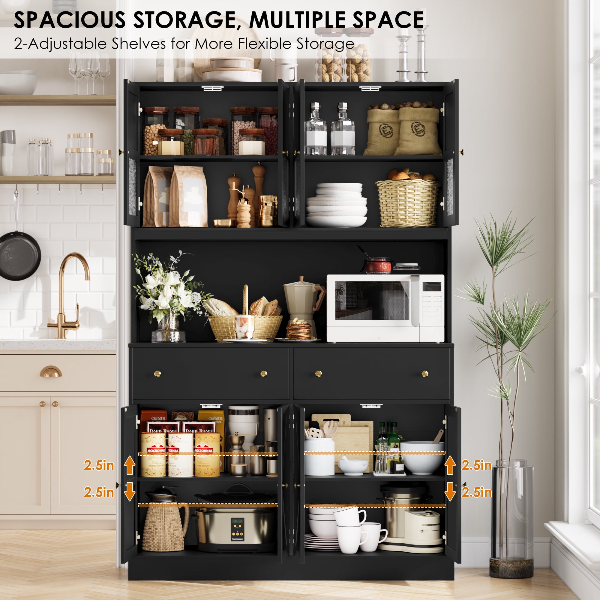 Homfa 8 Door Kitchen Pantry Cabinet with 2 Drawer, 71" LED Buffet Cabinet with & Charging Station & USB Port, Black