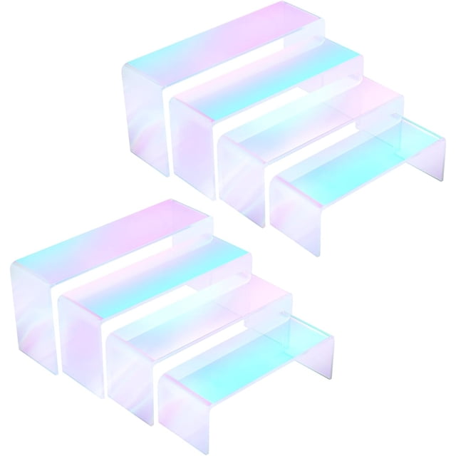 Jolboldy Iridescent Acrylic Display Risers, 8pcs Rainbow Display Stand Rectangular Stands Showcase Transparent Display Shelf for Dessert Cupcake Collectibles Figures Jewelry Perfume (Iridescent-8pcs)