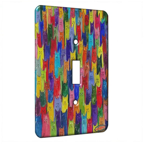 KuzmarK™ Single Gang Toggle Switch Wall Plate - Very Colorful Long and Tall Jelly Bean Kitties Abstract Cat Art by Denise Every