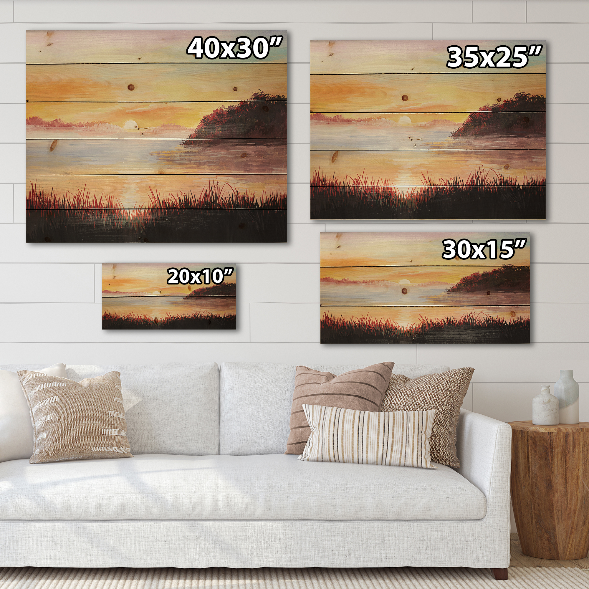 Designart 'The Reeds On The Lake In Evening Glow' Nautical & Coastal Print on Natural Pine Wood