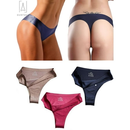 

Gustave Women Ice Silk G-string Briefs Panties Seamless Thongs Underwear Lingerie Navy Blue S