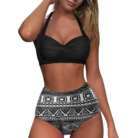

TIANEK Special Women Bikini 2023 Fashion Padded Contrast Printed Bra Sport Yoga Halter Show Waist Mother s Day Japan Split Summer Swimwear for Ladies Clearance