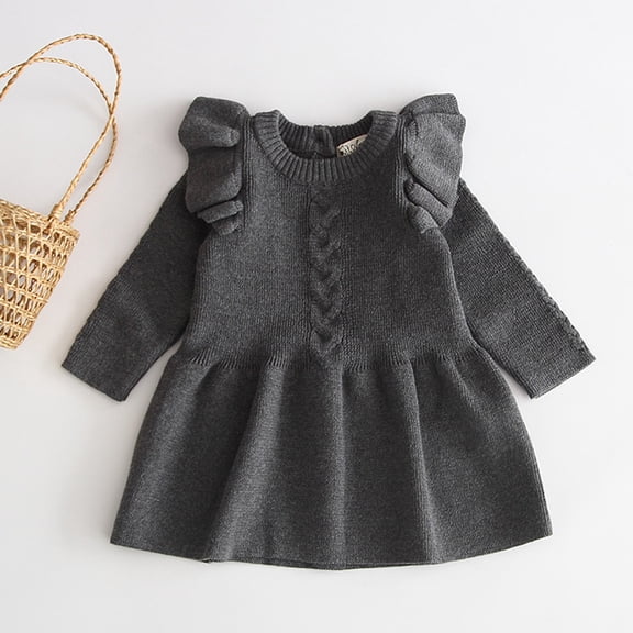 Vividxx Baby Girl Dress Ruffled Long Sleeve Fall Winter Clothes Kids Crewneck Solid Warm Knit Dresses 6-12 Months