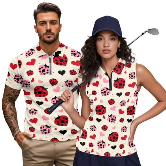 Aplkyhs Love Ladybug Matching Golf Shirts for Couple Quarter Zip Couple Golf Matching Outfits Breathable Fabric Mens Hawaiian Shirt Keep Cool in Hot Weather Machine Washable
