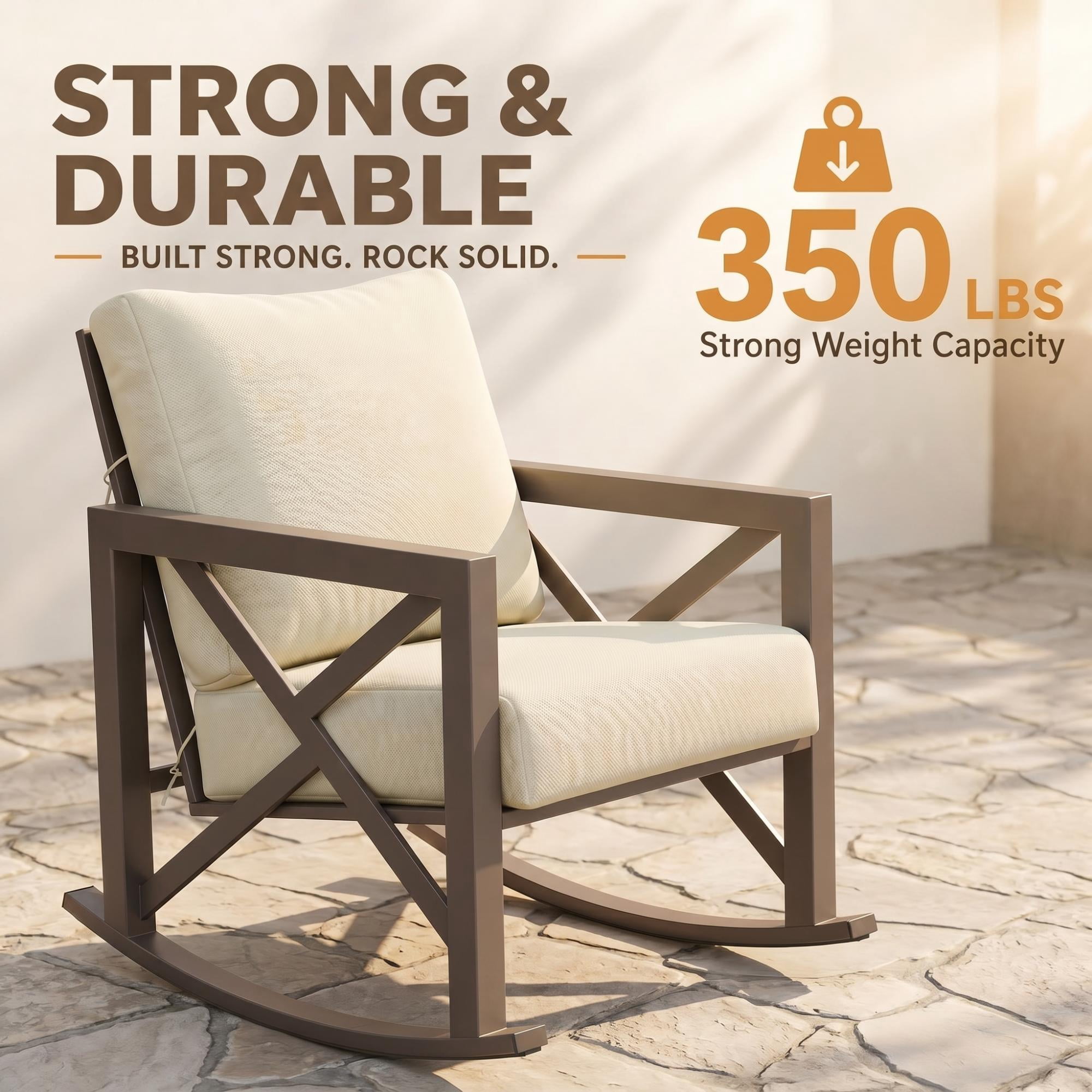 UDPATIO 3-Piece Metal Patio Rocking Chair Set, Heavy Duty 350 lbs Capacity Outdoor Bistro Furniture Set with 2 Rockers, Thick Cushions and Coffee Table for Porch, Rust-Resistant, Beige