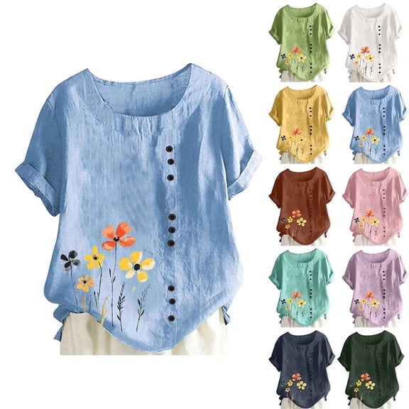 Smsaxvxz Women's Summer Tops Fashion Round Neck Short Sleeve Floral Printed Button T-shirts Casual Loose Blouse Tops Sky Blue L