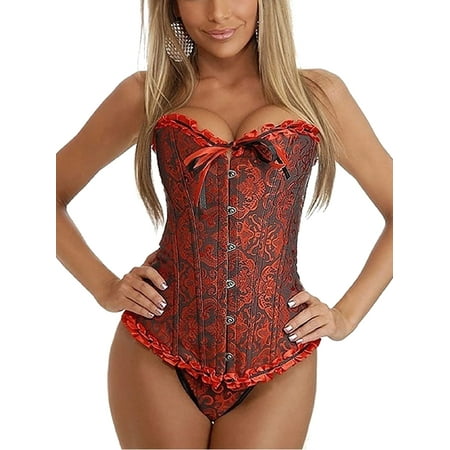 

Frobukio Womens Lace Up Boned Plus Size Overbust Corset Floral Lace Bustier Top