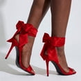thumbnail image 5 of Red silk satin ankle wrap big bow stiletto heels for women sexy elegant open round toe high heels, wedding prom bachelorette cocktail party evening dress, 5 of 7