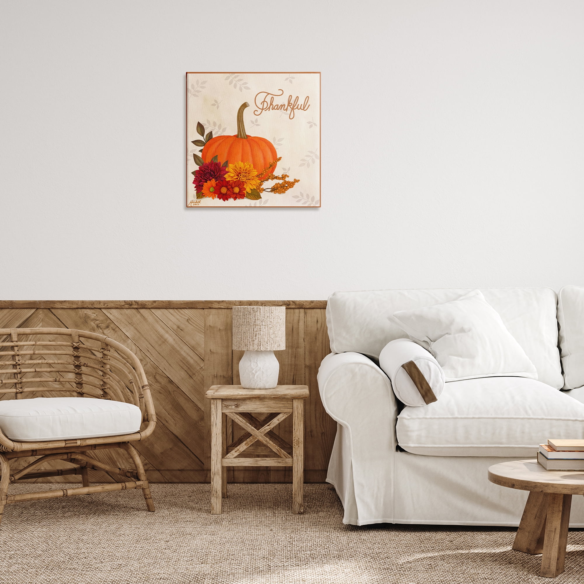 Stupell Industries Thankful Pumpkin & Florals Holiday Painting Gallery Wrapped Canvas Art Prints Wall Art, 24 x 24
