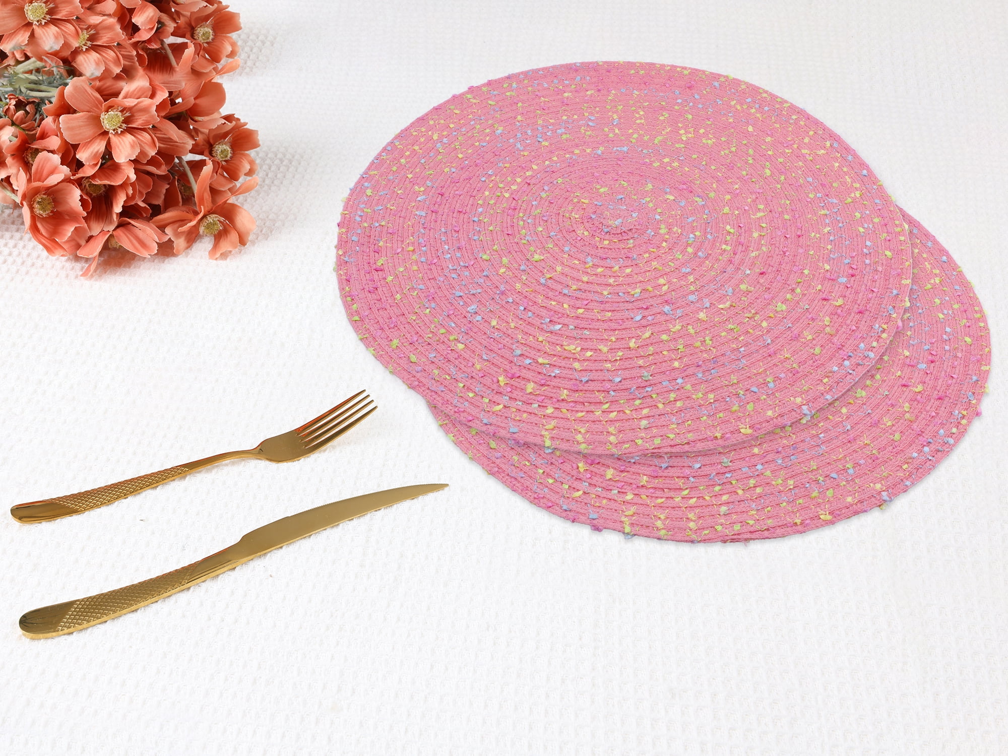 Unique Bargains Rustic Set of 6 Round Placemats for Dining Table Decor Pink