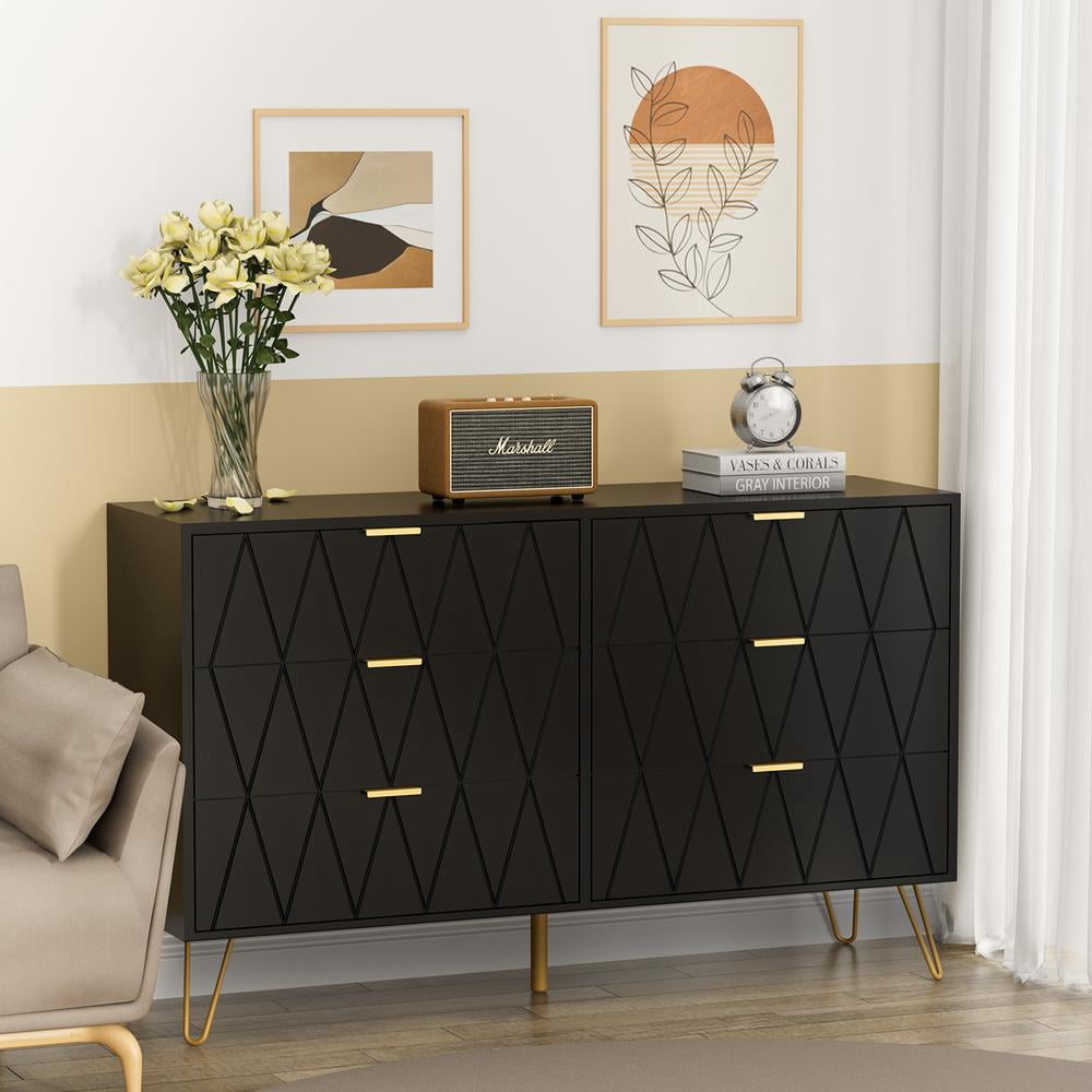 Eclife 47.2"Wide x 28.7" Tall 6-Drawer Double Dressers for Bedroom Living Room Chest with Deep Drawers and Metal Handles, Modern Wood Storage Chest of Drawers, Black