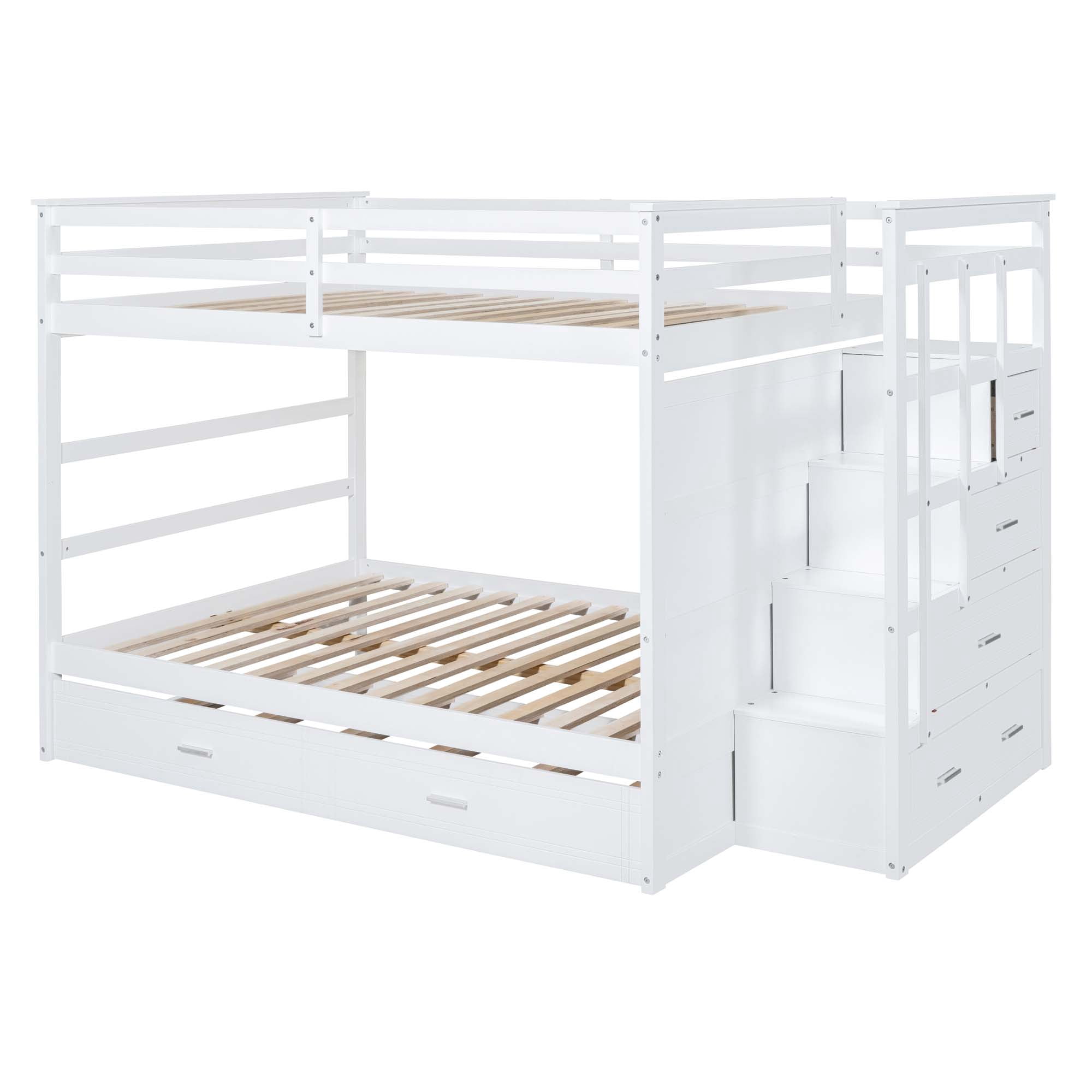 Aukfa Full over Full Bunk Bed with Trundle and Staircase, Wood Bunk Bed with 4 Storage Drawers for Kids, Teens - White