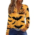 thumbnail image 1 of Camiseta de manga larga de Halloween para mujer: Top informal con estampado festivo de calabaza y murciélago, 1 of 5