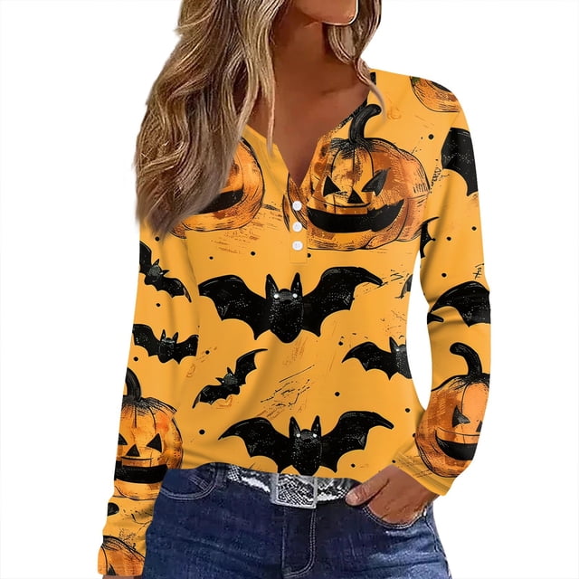 Camiseta de manga larga de Halloween para mujer: Top informal con estampado festivo de calabaza y murciélago