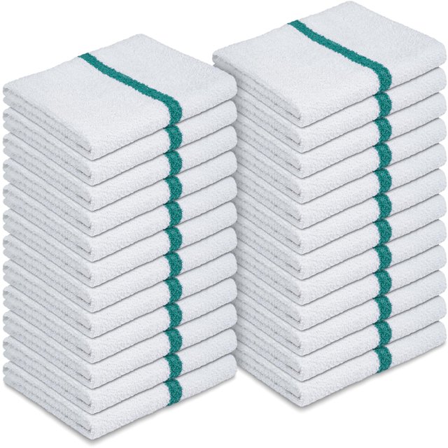 Canadian Linen White Bar Mops Green Stripe, 24 Pack, Quick Dry Soft Absorbent Cotton Lightweight Reusable Cleaning Cloth for Hotels Spa Salons Nursing