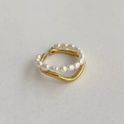 A.M.JEWELRY STUDIO Double Layer Freshwater Pearl Ring| Gold Pearl Ring| Real Pearl Ring| Stacking Ring| Stackable| Adjustable Pearl Ring| Open Ring