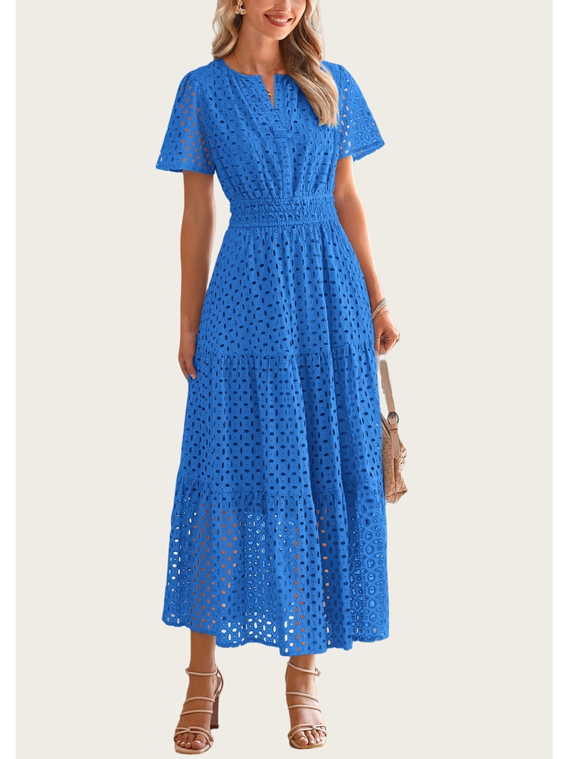 PRETTYGARDEN Women's Summer Midi Dress - V-Neck, Short Sleeve, Belted, Tiered Ruffles With Pockets