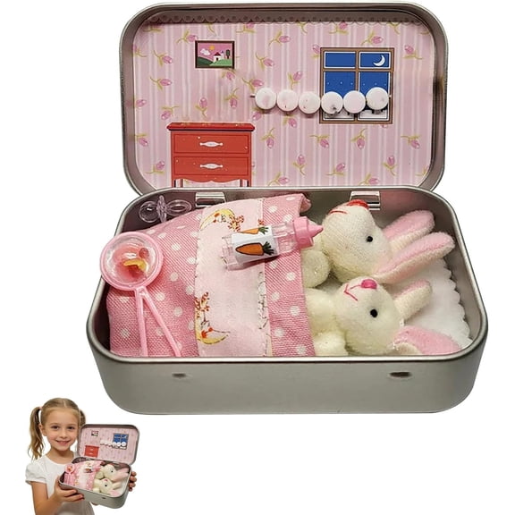 Yippzo Easter Bunny, Easter Bunny Toys Hug in A Basket, Personalised Mini Plush Bunny House, Pocket Bunnies in Tin Box