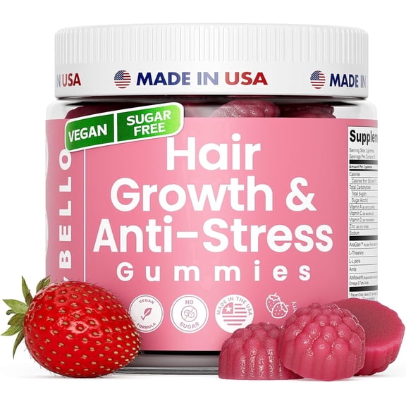 Trybello Hair Growth & Anti-Stress Gummies for Women | Powered by AnaGain — Plant-Based Biotin | Sugar-Free, Vegan Hair Supplements | Gluten-Free Gummy Vitamins for Thicker Healthier Hair | 60 Gummie