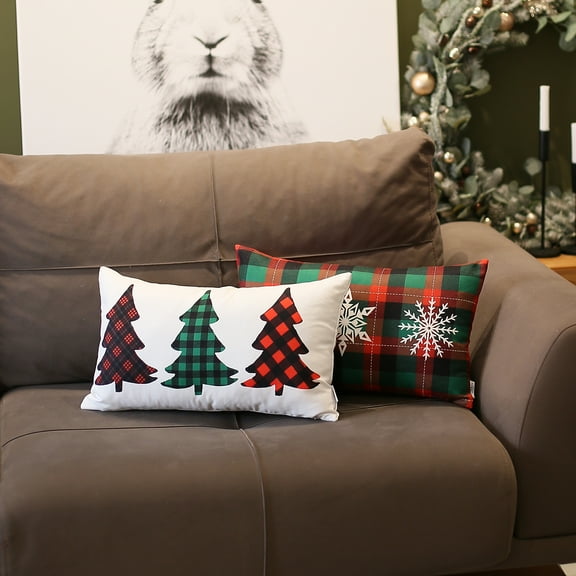 Decorative Christmas Tree & Plaid Throw Pillow Set of 2 Lumbar 12" x 20" White & Red for Couch, Bedding