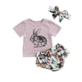 thumbnail image 1 of ITFABS Baby Girls Summer Suit, Short Sleeve Rabbit Printed Tops+Floral Lace Ruffled Shorts+Headband, 1 of 9