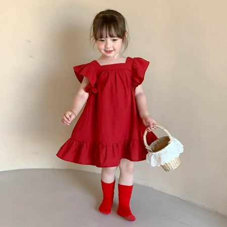 

Bullpiano Summer Toddler Girls Petal Sleeve Loose Dress Casual Ruffled Dresses Solid Back Bowknot A Line Dresses Children Outfit 2-7Y
