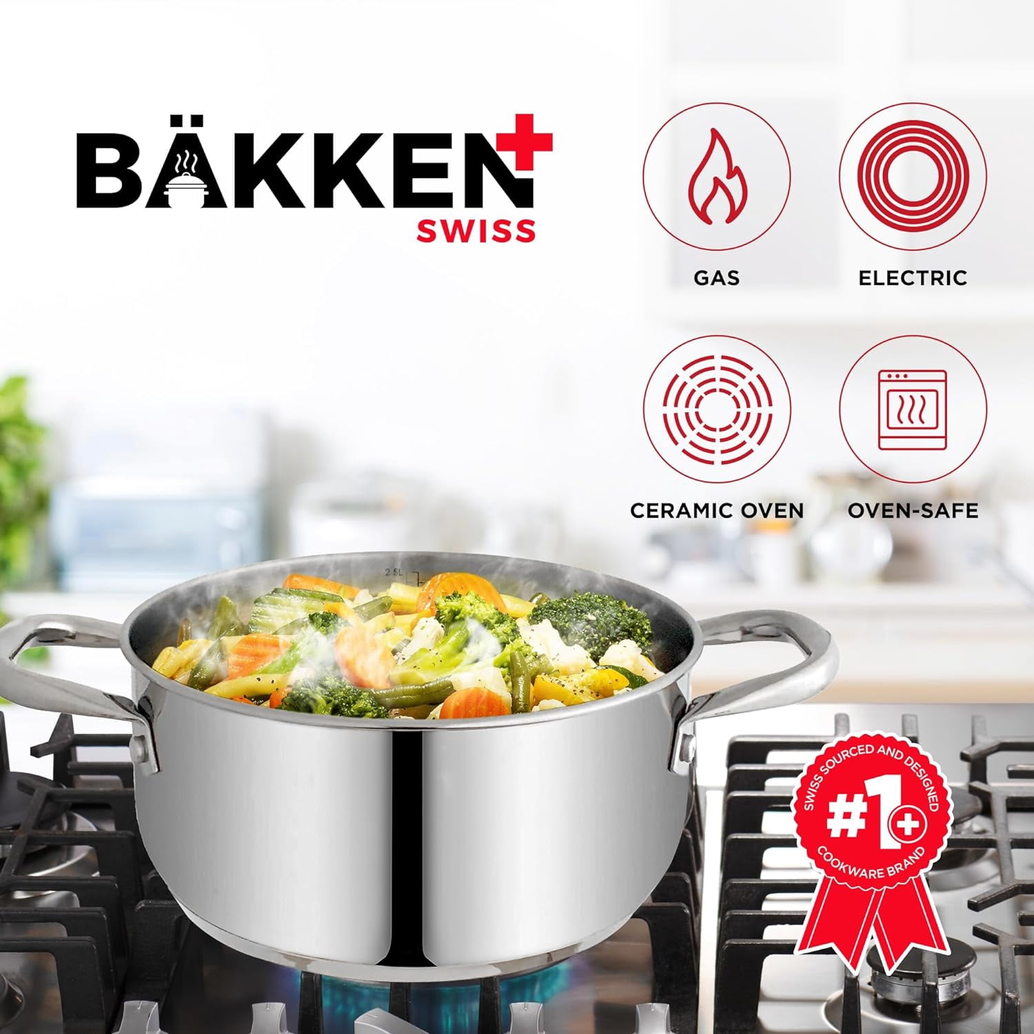 Bakken-Swiss Deluxe 3-Quart Stainless Steel Stockpot with Glass Lid, Dishwasher Safe, Induction Ready
