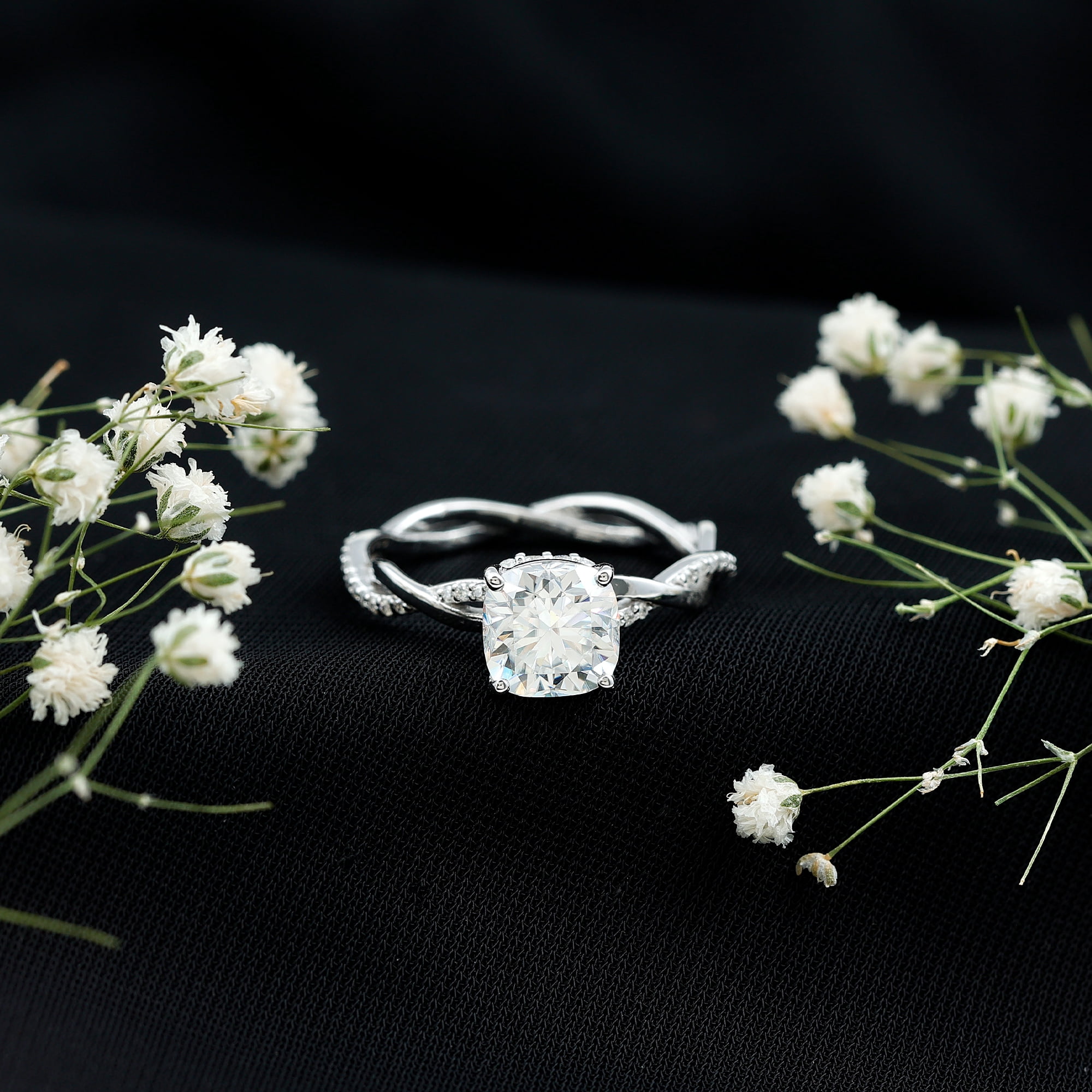 Rosec Jewels Moissanite Solitaire Engagement Ring Cushion Cut - Designer Ring for Women - 8 mm - 3 Carat - D-VS1 Quality, 14K White Gold, US 12.50