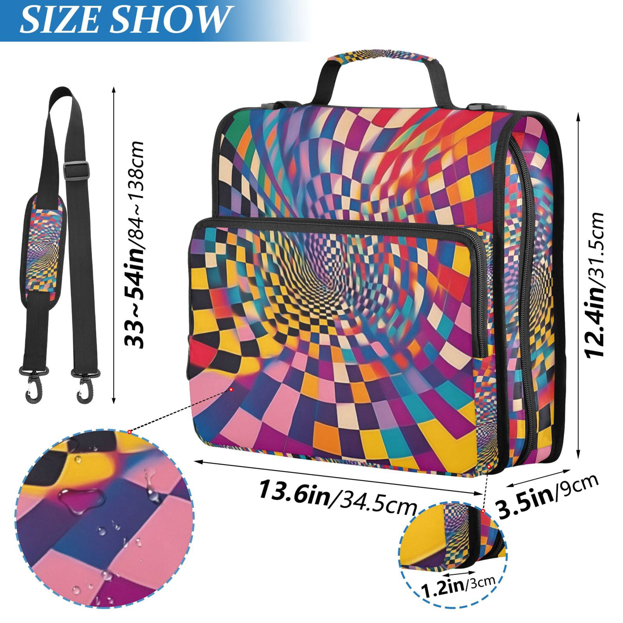 FORMRS Zipper Binder with Shoulder Strap 2-inch Ring 500 Sheet Capacity File Bag, Colorful Wavy Plaid
