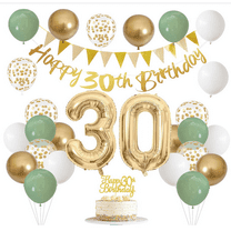Sage Green White Gold 30th Birthday Party Decorations Kit,Happy 30th Banner Triangle Flags Garlands Number 30 Balloons Cake Toppers for 30 Year Old Men/Women Anniversary Party Backdrops Supplies