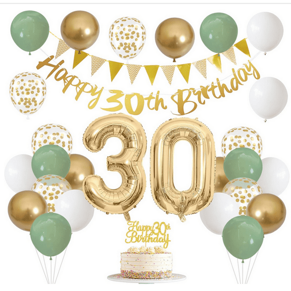 Sage Green White Gold 30th Birthday Party Decorations Kit,Happy 30th Banner Triangle Flags Garlands Number 30 Balloons Cake Toppers for 30 Year Old Men/Women Anniversary Party Backdrops Supplies