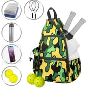 Pickleball Bag with Padded Back, Camouflage Yellow Multi-Compartment Paddle Backpack, Lightweight Nylon Sports Bag for Men & Women