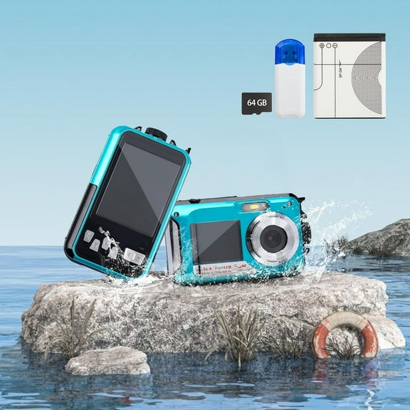 Underwater Camera 4K Autofocus 56MP, Dual Screen Selfie Waterproof Camera Dustproof Shockproof for Snorkeling, 11FT, Includes 64GB Storage Card, Card Reader, and 1250mAh Battery