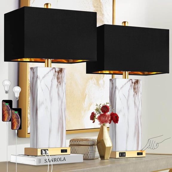 Touch Control Table Lamps Set of 2 with USB Ports, 3-Way Dimmable Nightstand Lamp Faux Marble Gold Black Rectangular Shade for Living Room Bedroom