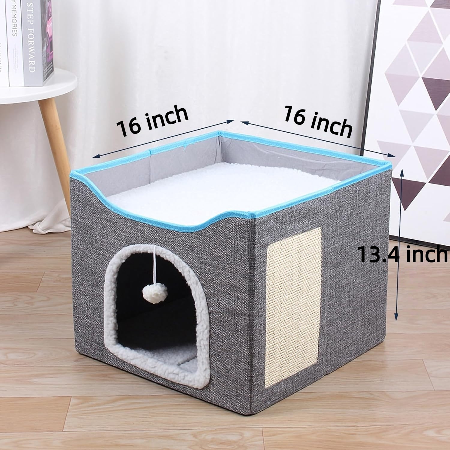 Behome Cat Bed, Cat Cave with Fluffy Ball and Scratch Pad, Foldable Cat Condo Hideaway with Reversible Cushion for Multi Small Pet, Dark Grey