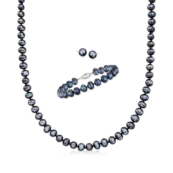 Ross-Simons 7-7.5mm Black Cultured Pearl Jewelry Set: Necklace, Bracelet and Stud Earrings With Sterling Silver, Women's, Adult
